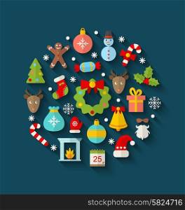 Illustration Christmas Colorful Objects and Elements in Round Frame, Flat Icons with Long Shadows - Vector