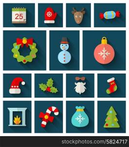 Illustration Christmas Colorful Objects and Elements with Long Shadows - Vector