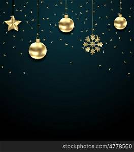 Illustration Christmas Dark Background with Golden Baubles, Greeting Banner - Vector