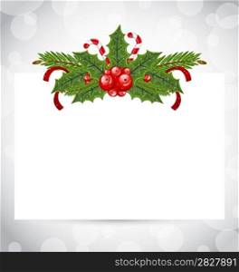 Illustration Christmas elegant card with holiday decoration (holly berry, pine, sweet cane) - vector