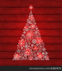 Illustration Christmas fir made of snowflakes on wooden background - vector