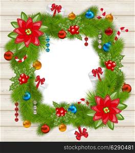 Illustration Christmas frame with traditional elements on wooden background - vector