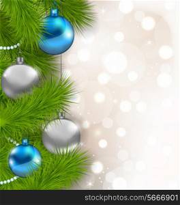 Illustration Christmas glowing background with fir branches and glass balls - vector