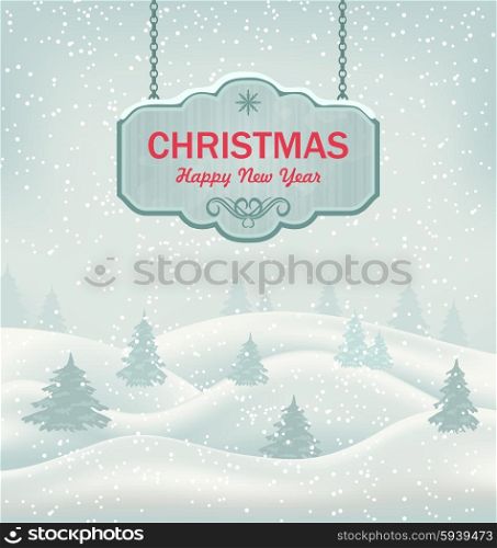 Illustration Christmas Greeting Retro Banner with Winter Landscape - Vector
