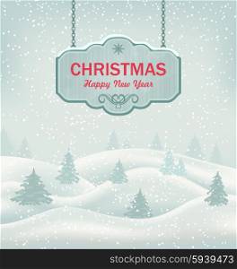 Illustration Christmas Greeting Retro Banner with Winter Landscape - Vector