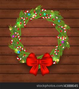 Illustration Christmas holiday decoration on wooden background - vector