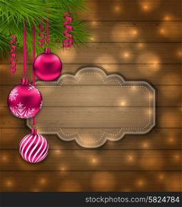 Illustration Christmas Label with Balls and Fir Twigs on Wooden Texture with Light - vector