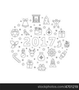 Illustration Christmas Line Traditional Symbols, Simple Outline Style - Vector