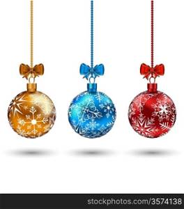 Illustration Christmas multicolor balls with bows isolated on white background - vector