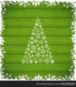 Illustration Christmas pine and border made of snowflakes on green wooden background - vector