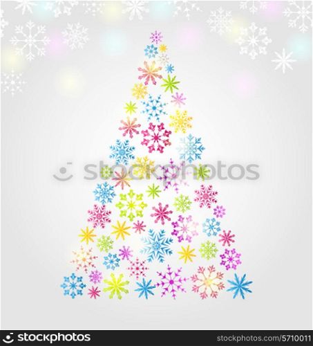 Illustration Christmas pine made of colorful different snowflakes - vector