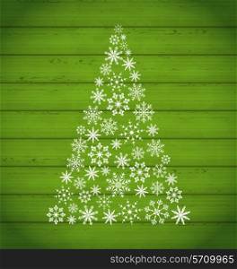 Illustration Christmas pine made of snowflakes on wooden background - vector