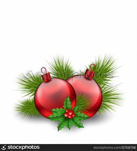 Illustration Christmas red glass balls with fir twigs and holly berry, on white background - vector