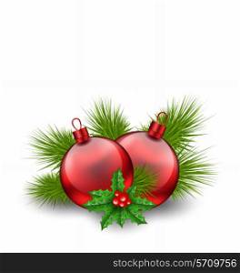 Illustration Christmas red glass balls with fir twigs and holly berry, on white background - vector