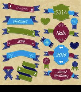 Illustration Christmas set geometric labels and ribbons - vector