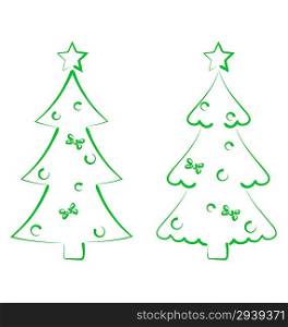 Illustration Christmas set trees with decoration, stylized hand drawn - vector