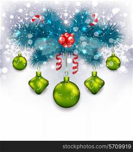 Illustration Christmas traditional decoration with fir branches, glass balls and sweet canes - vector