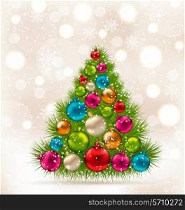 Illustration Christmas tree and colorful balls on light background - vector