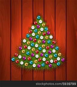 Illustration Christmas Tree Decorated Colorful Balls on Brown Wooden Background - Vector