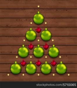 Illustration Christmas tree made of baubles on wooden background - vector