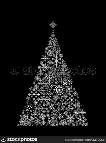 Illustration Christmas tree made of snowflakes on black background - vector
