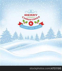 Illustration Christmas Winter Card for Merry Christmas and Happy New Year, Nature Landscape - Vector