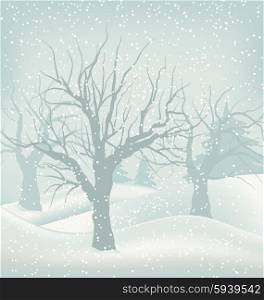 Illustration Christmas Winter Outdoor Background, Snowfall and Trees - Vector