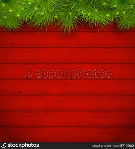 Illustration Christmas wooden background with fir twigs - vector