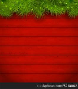 Illustration Christmas wooden background with fir twigs - vector