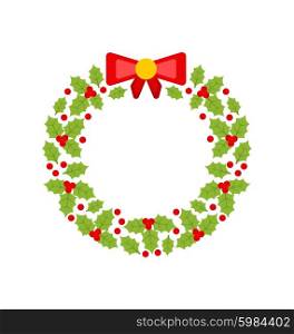 Illustration Christmas Wreath Made of Holly Berries Isolated on White Background, Minimalism Style - Vector