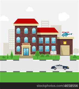 Illustration City Police Station Department Building in Landscape with Police Car, Cityscape - Vector