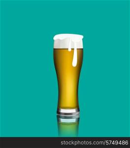 Illustration close up realistic glass of beer with reflection - vector