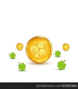 Illustration clovers and coins with shadows on white background for St. Patrick&rsquo;s Day - vector