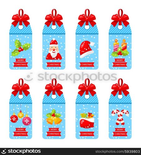 Illustration Collection Christmas Labels with Bows Isolated on White Background - Vector