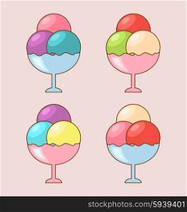 . Illustration Collection Different Colorful Ice Creams Portion Three Balls Isolated on Pink Background - Vector