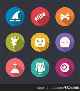 Illustration Collection Flat Icons of Halloween Symbols, Long Shadows - Vector