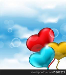 Illustration collection glossy hearts balloons for Valentine Day in the blue sky- vector