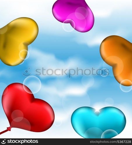 Illustration collection glossy hearts balloons for Valentine Day in the blue sky- vector