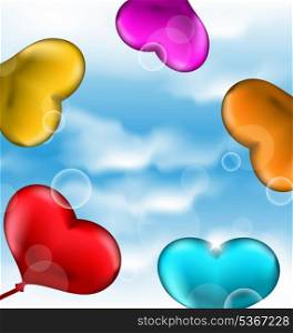 Illustration collection glossy hearts balloons for Valentine Day in the blue sky- vector