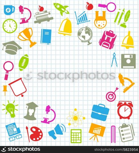 Illustration Collection of Education Flat Colorful Simple Icons on School Grid Paper Sheet - Vector