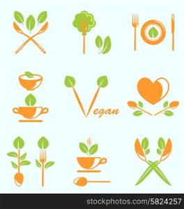 Illustration Collection of Labels Healthy Eating, Vegetarian Natural Food - Vector