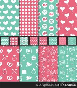 Illustration Collection of love and romantic seamless patterns. Valentine Day backdrops with pink, green and white colors - vector