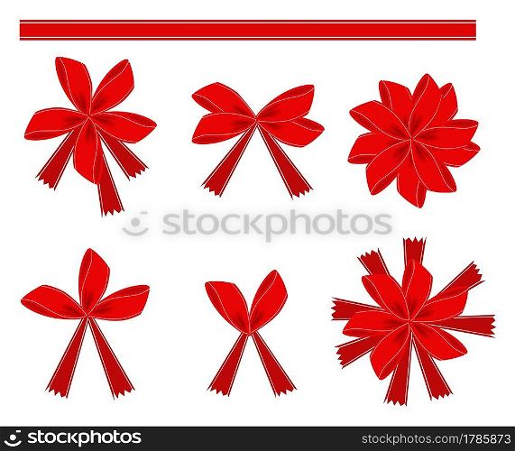 Illustration Collection of Red Bows and Ribbon Isolated on White Background. 