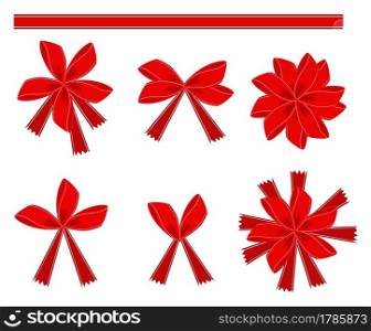 Illustration Collection of Red Bows and Ribbon Isolated on White Background. 