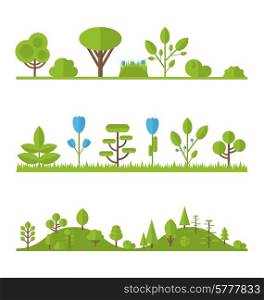 Illustration collection set flat icons tree, pine, oak, spruce, fir, garden bush isolated on white - vector