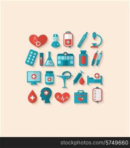 Illustration collection trendy flat icons of medical elements and objects - vector