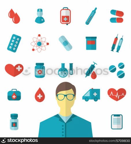 Illustration collection trendy flat medical icons isolated on white background - vector