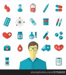 Illustration collection trendy flat medical icons isolated on white background - vector