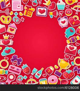 Illustration Colorful Background for Valentine&rsquo;s Day. Flat Valentine Icons, Lock and Key, Gift Box, Candles, Sweet Cupcake, Rings - Vector