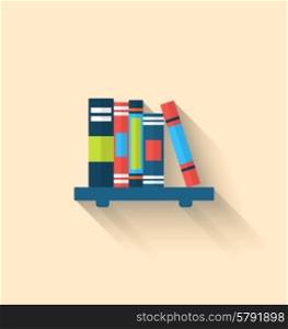 Illustration Colorful Different Books on the Shelf with Long Shadows, Minimal Flat Icons - Vector